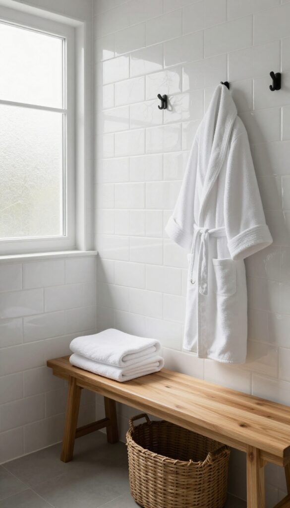 White crackle tile shower with teak bench and hooks