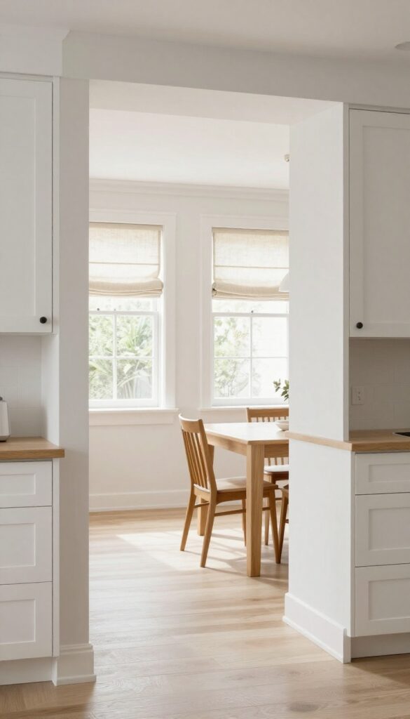 Soft Roman shade above kitchen pass through adding warmth and texture