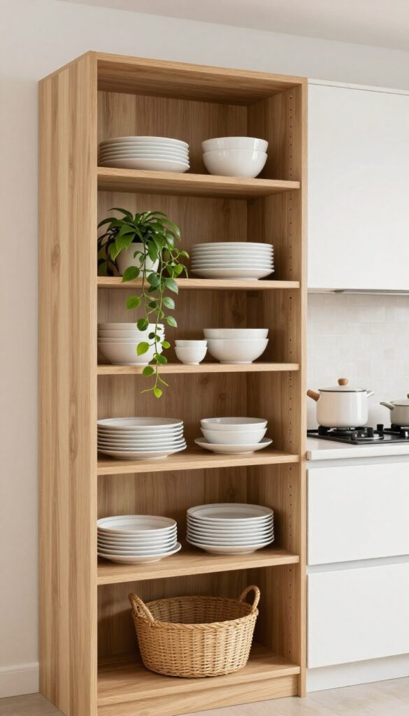 Modern kitchen corner with open shelving displaying white dishes and a plant