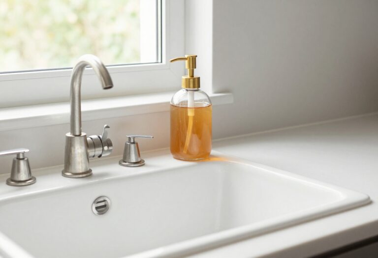A glass soap dispenser with a gold pump on a kitchen countertop near a sink.