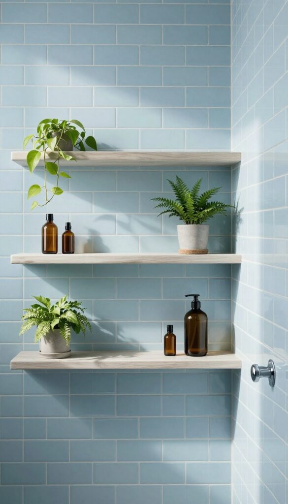 Blue tile shower with open shelving and greenery