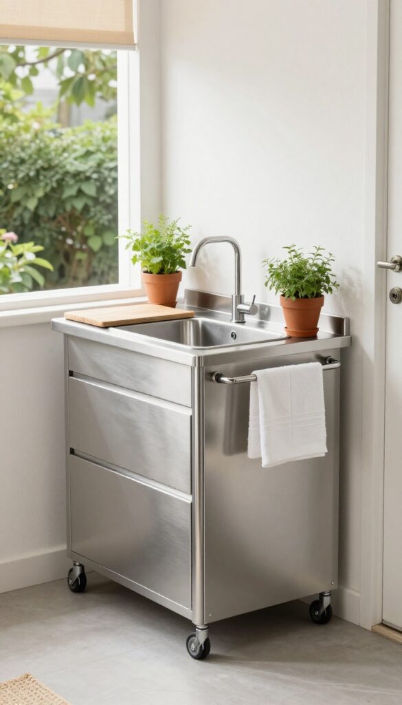 Compact modular kitchen cart on a small patio with built-in sink and burner, storage drawers, cutting board over sink, towel bar, potted herbs, natural light.