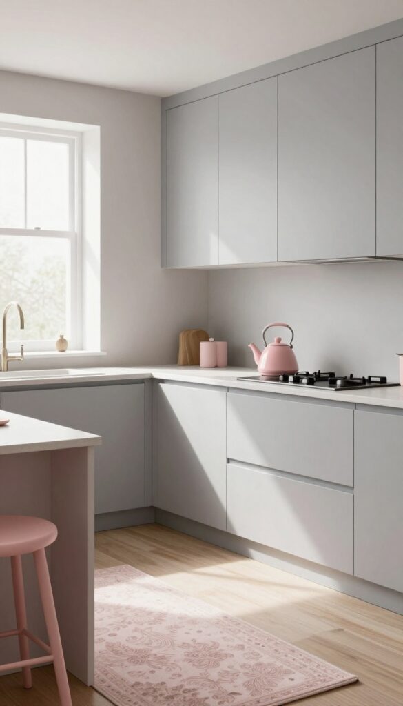 Kitchen with soft gray walls and cabinets, blush pink tea kettle, bar stools, and rug, bright natural light