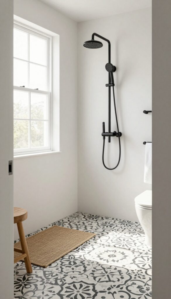 Bathroom with patterned floor tiles and matte black hardware in bright natural light
