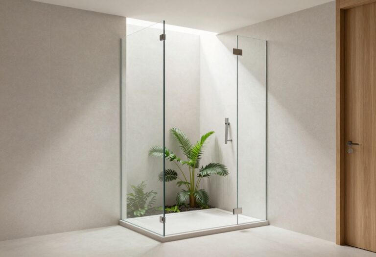 Modern corner glass shower with textured tiles, warm lighting, and wood accents in a stylish bathroom.