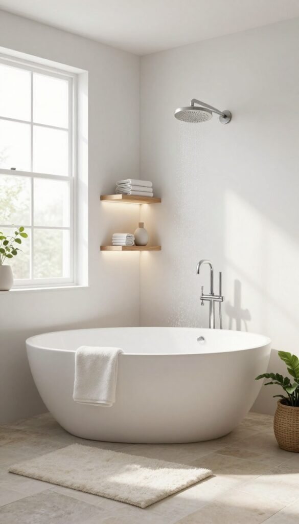 A cozy bathroom nook with a freestanding tub and rainfall showerhead, styled as a personal spa retreat with warm wood shelves, soft lighting, and natural textures.