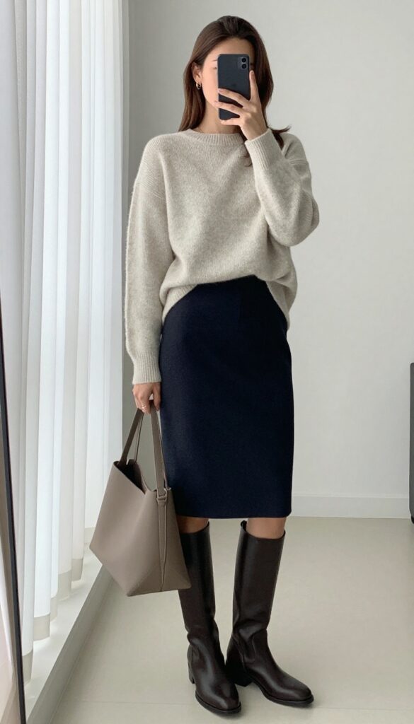 Woman in a soft cream sweater and charcoal pencil skirt, posing in a mirror selfie with a phone, showcasing a comfortable business casual outfit.