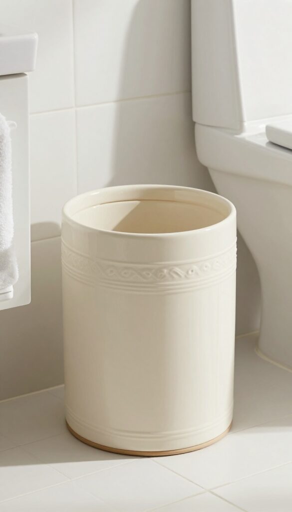 A decorative ceramic trash can with subtle patterns in a bright bathroom, styled as home decor inspiration.