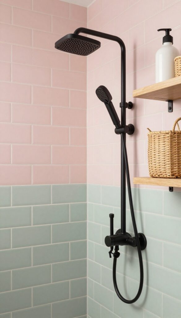 A shower featuring subway tiles in soft pastel colors like blush pink or sage green, with matte black fixtures and natural wood accents, creating a spa-like bathroom retreat.