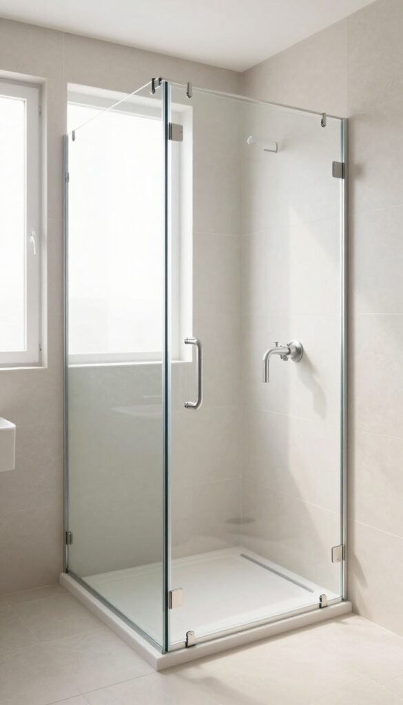 A sleek frameless glass shower enclosure in a minimalist bathroom with textured tiles and natural light.