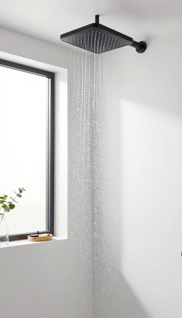 Modern shower with black rainfall showerhead and white built-in niche