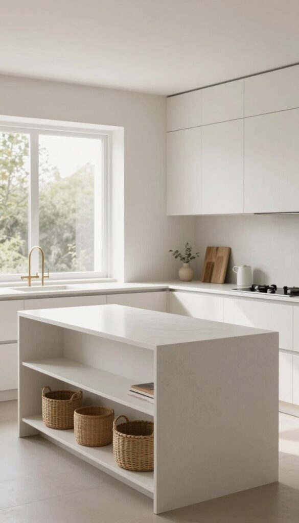 Slim kitchen island with breakfast bar seating and open shelving