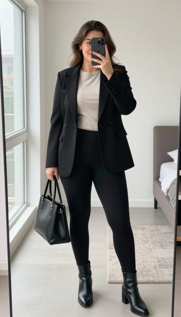 Plus-size woman in black leggings, neutral top, and longline blazer taking a mirror selfie with phone, showcasing a polished yet comfortable outfit for casual work settings.