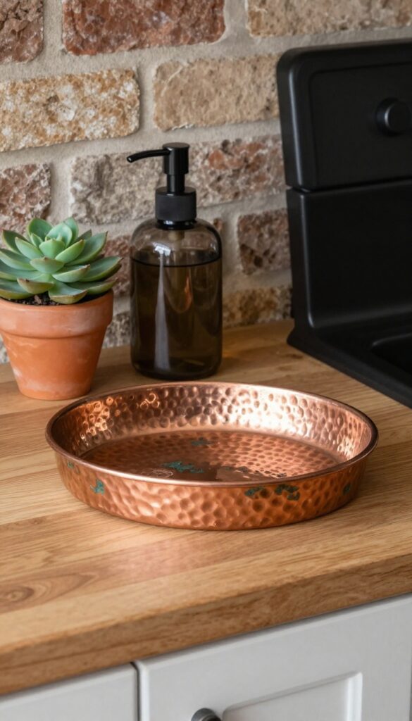 Hammered copper soap tray with patina on wooden counter near farmhouse sink, holding dark glass dispenser and succulent.