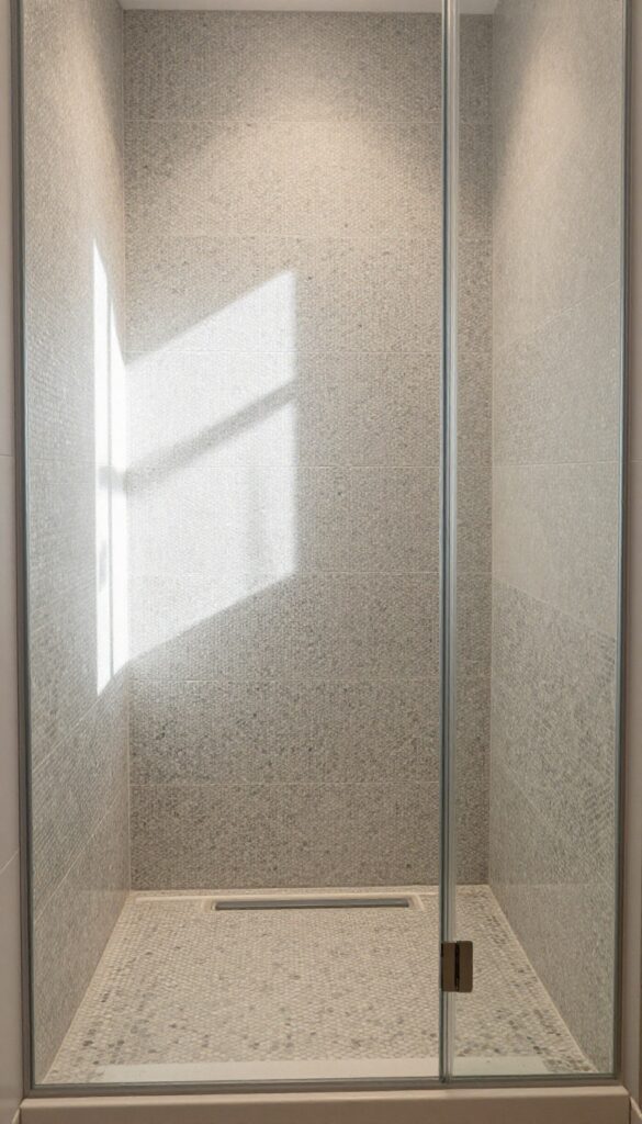 Modern bathroom shower with mosaic hexagonal floor tiles in warm gray and beige, large-format wall tiles, natural light, clean and spa-like design.