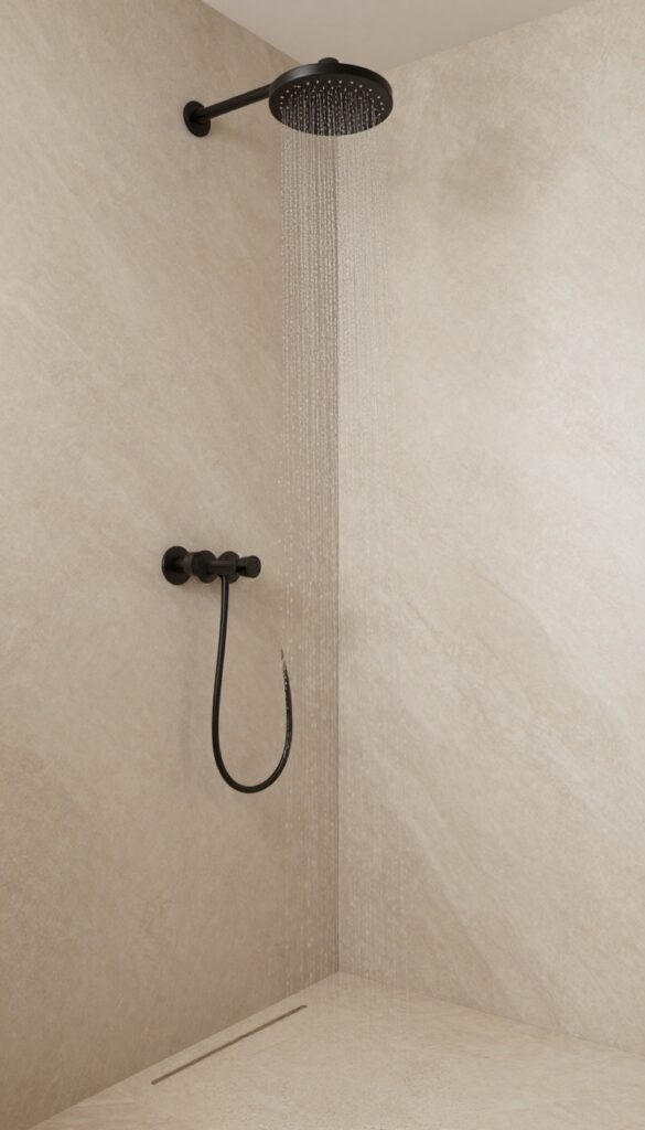 A luxurious walk-in shower with onyx stone and a rainfall showerhead, creating a refined and relaxing spa atmosphere.