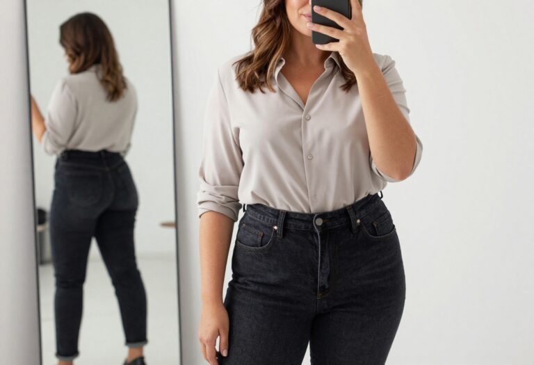 Plus-size mom in high-waisted jeans and structured blouse taking a mirror selfie, showcasing a flattering and comfortable casual outfit.