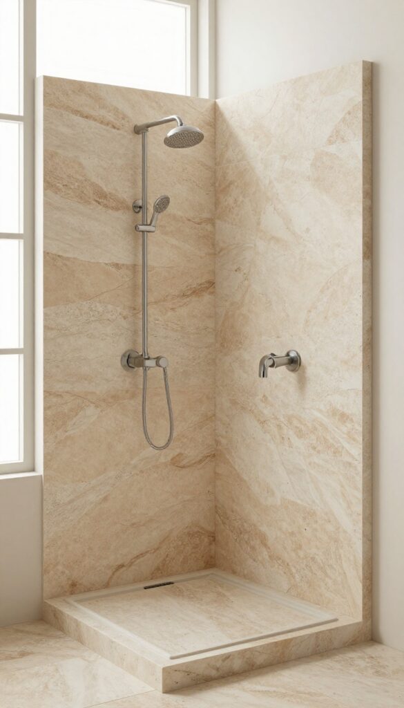 A corner glass shower with natural stone accents in slate or marble, showcasing earthy textures and a calming, luxurious design in bright natural light.