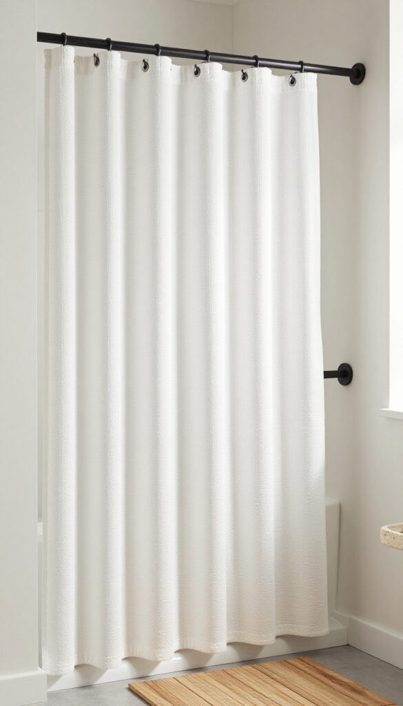 White textured weave shower curtain in a modern minimalist bathroom with natural light and warm earthy accents.