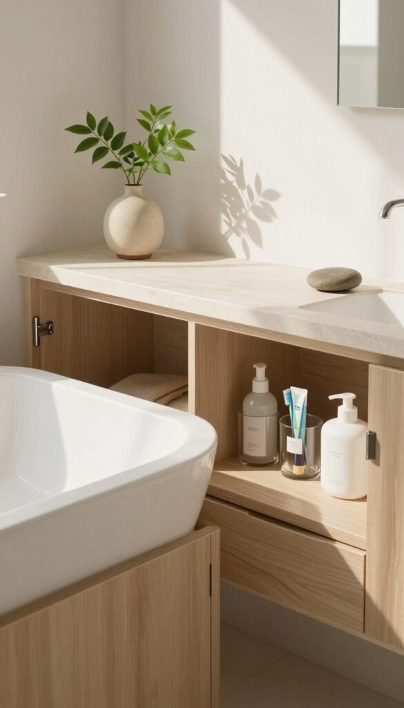 A serene Zen spa bathroom with an empty countertop and hidden storage in cabinets, showcasing minimalist design and organized containers for a calm retreat.