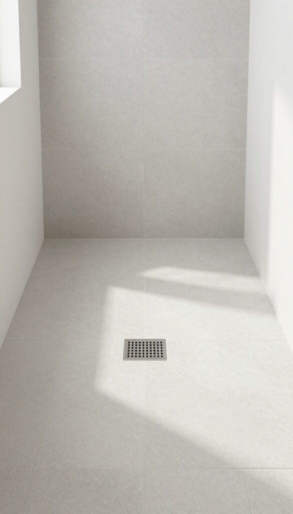 Seamless shower floor with square tile-insert drain blending into surrounding stone tiles.