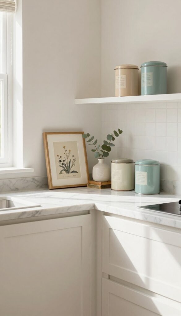 Cozy kitchen with personal touches: art print, stacked cookbooks with vase, and vintage tins on shelf.