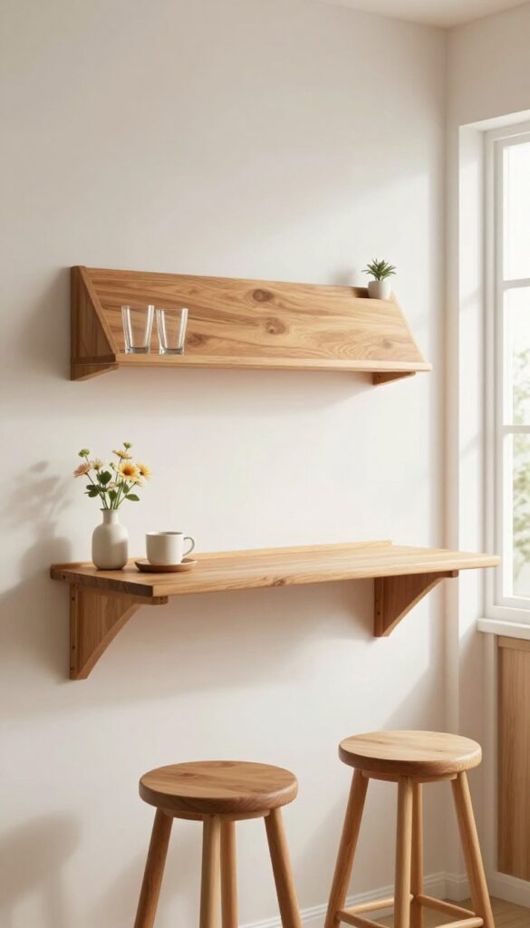 Wall-mounted drop-leaf bar in a bright kitchen with stools and shelf
