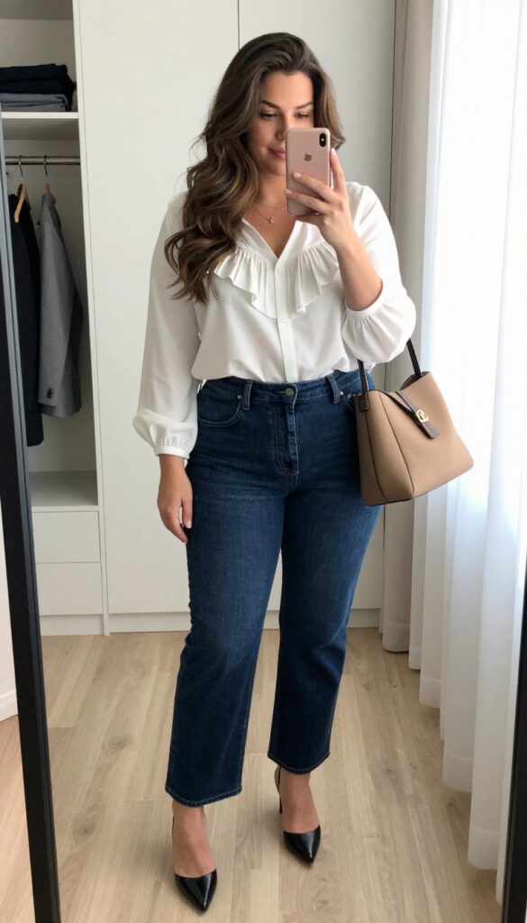 Plus-size woman in high-waisted dark jeans and a structured white blouse, taking a mirror selfie in a bright room. She wears beige heels and carries a tan handbag, creating a polished casual look.