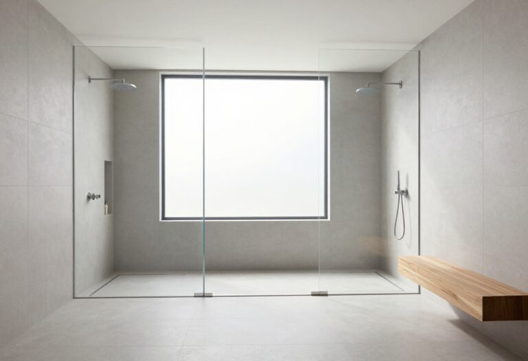 Spacious double shower with two rainfall heads, built-in niche, floating bench, and frameless glass enclosure in a bright modern bathroom