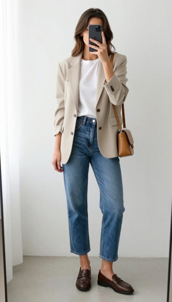 Woman in cropped jeans and tailored blazer taking a mirror selfie for casual Friday work outfit idea.