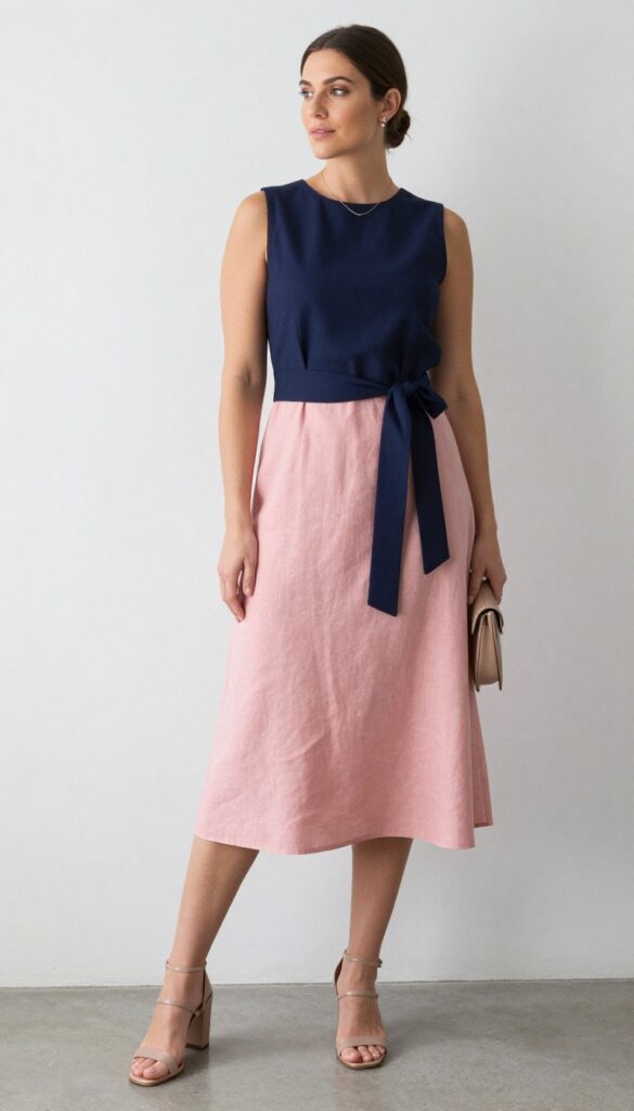 A woman wearing a sleeveless midi dress with a belted waist for a summer formal outfit, styled with heels, a structured handbag, and simple accessories in a bright natural setting.