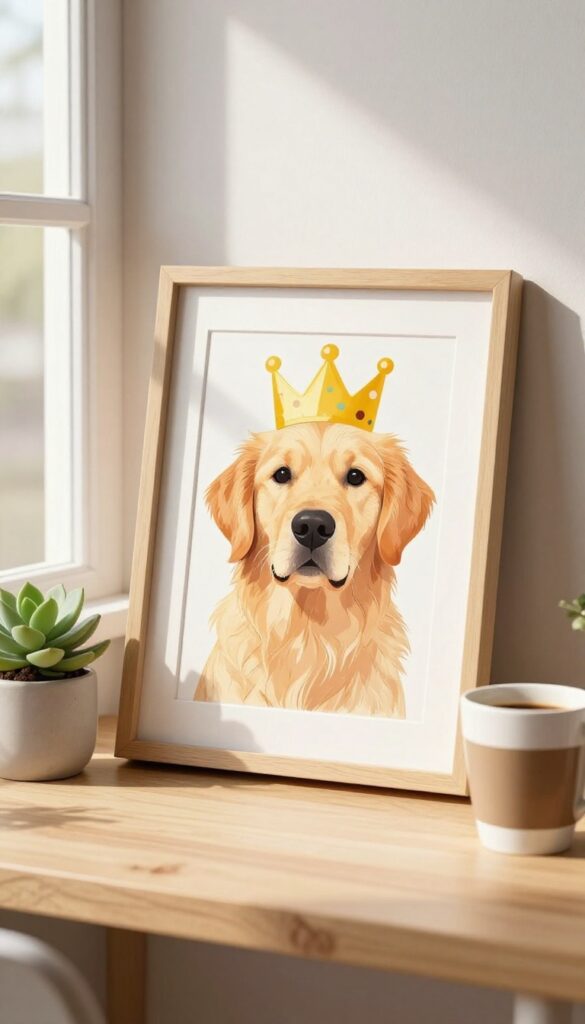 Custom pet portrait in a frame on a wooden desk with a succulent and coffee cup in natural light