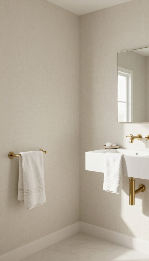 Guest bathroom with subtle textured linen wallpaper in neutral beige, featuring brushed brass fixtures and a statement mirror under natural light.