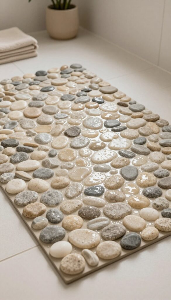 A pebble-stone shower mat on a bathroom floor, offering natural texture and drainage for comfort and safety.