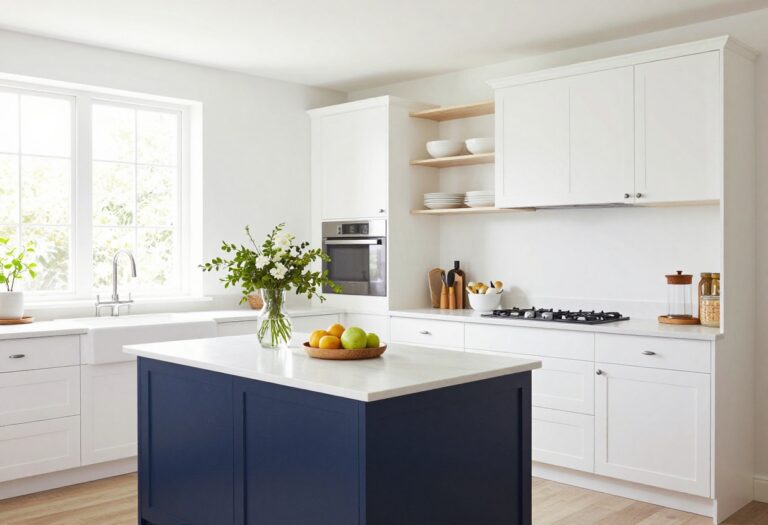 Bright kitchen with white cabinets, navy island, and open shelving