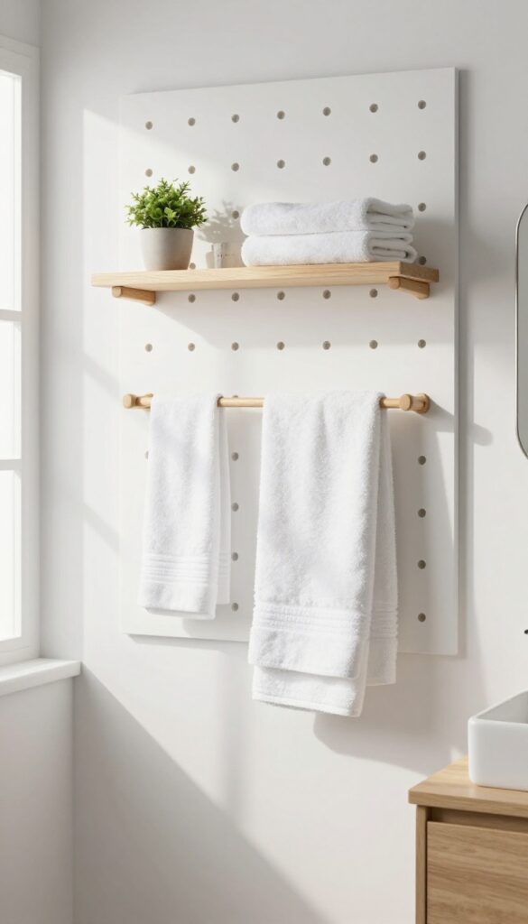Pegboard panel in a bright bathroom with white towels on hooks and a small shelf with plant and basket