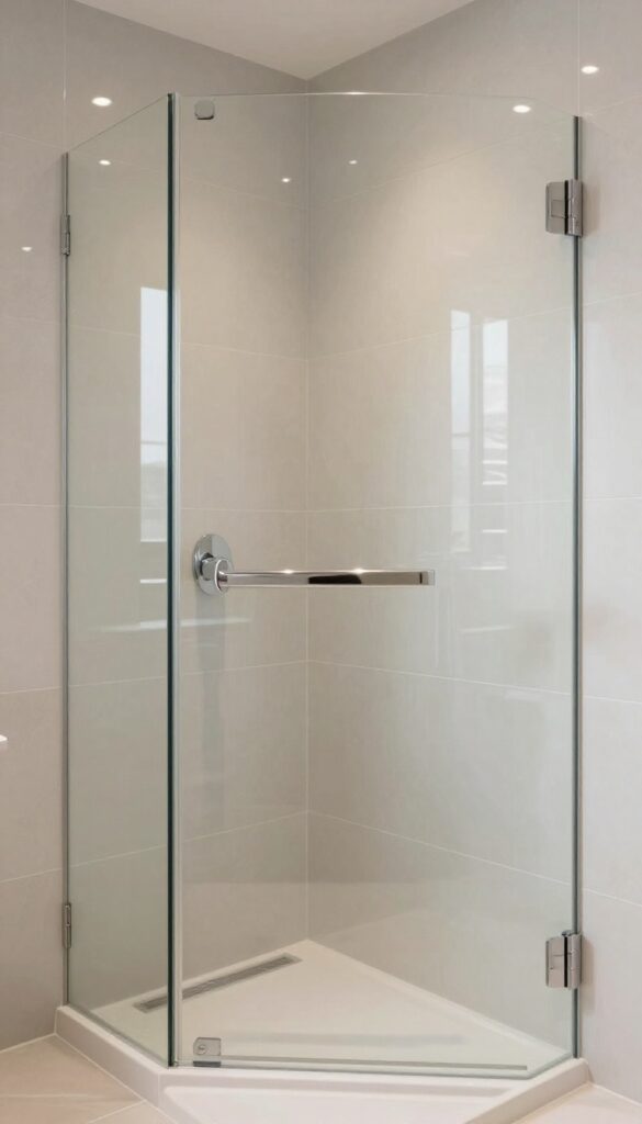 A modern bathroom shower with glossy glass tiles reflecting natural light to brighten the space.