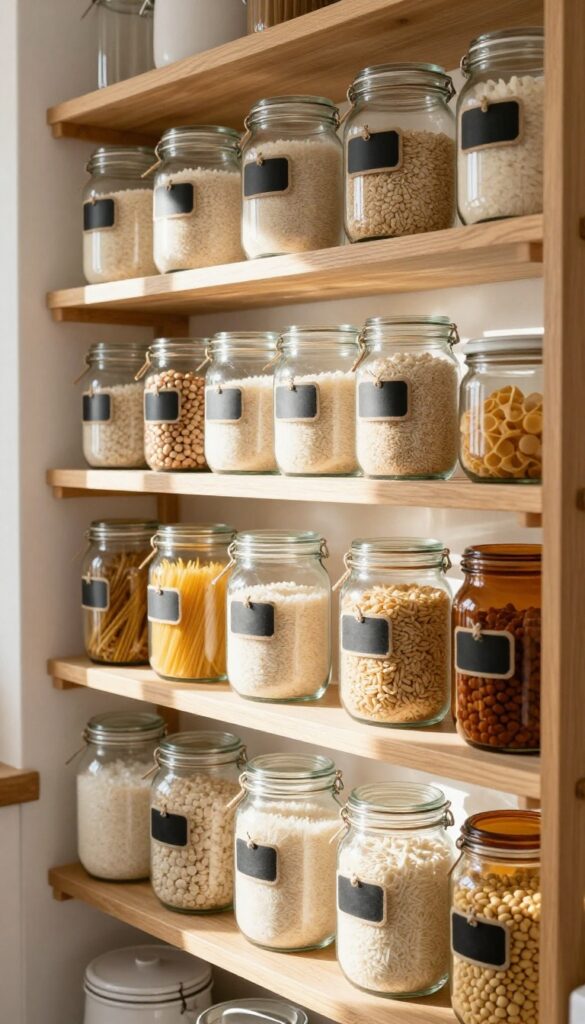 Glass jars for dry goods neatly arranged on open pantry shelves