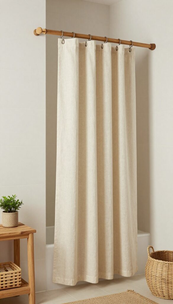 A rustic wooden shower curtain rod in a bright bathroom with natural light, featuring soft linen curtains and earthy decor elements like plants and woven baskets.