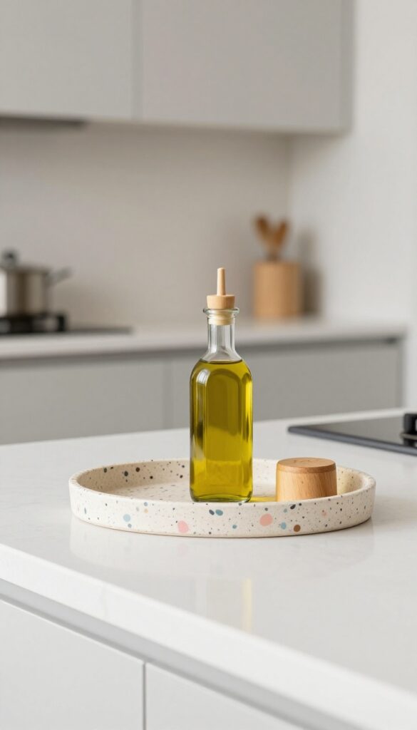 Terrazzo tray with oil bottle and salt cellar on white kitchen countertop