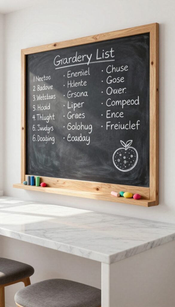 Kitchen peninsula with chalkboard end panel, framed in white trim, with chalk and magnets on a ledge.