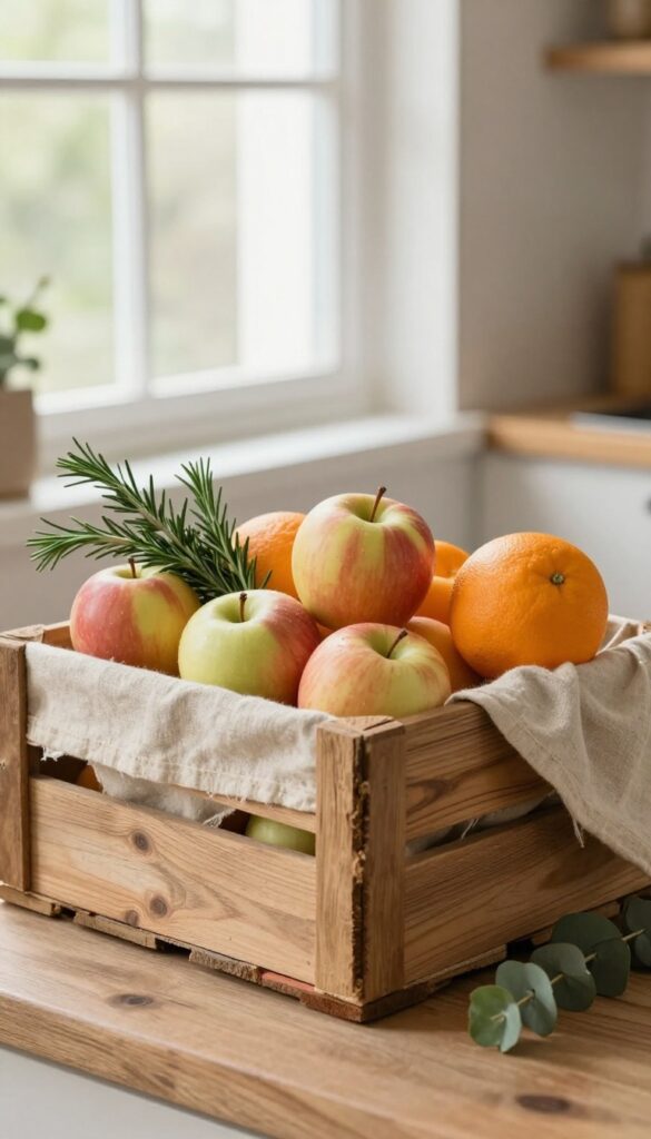Rustic wooden crate fruit basket with linen liner on kitchen counter