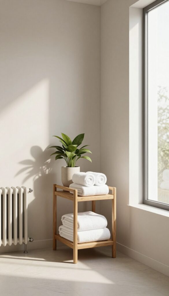 Freestanding wooden towel stand in a bright bathroom with white towels and natural light.