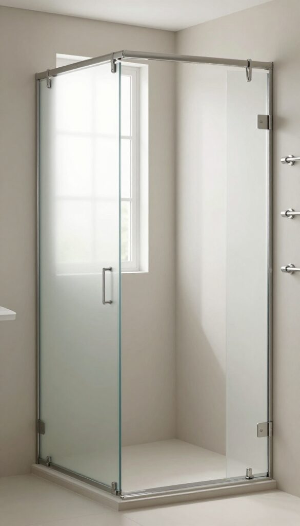 A quadrant shower room with sliding frosted glass doors on a brushed nickel track, showcasing seamless access and space-saving design in bright natural light.