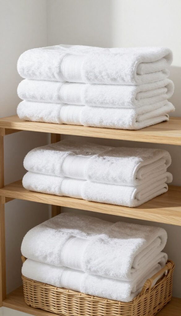 A modern bathroom with large matching white towels neatly arranged on shelves or in baskets to create a polished and organized look.
