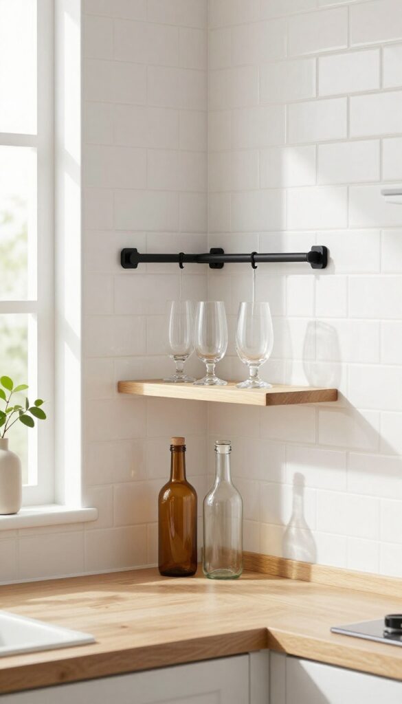 Magnetic strip used as glass rack with stemware hanging upside down and bottles on shelf below