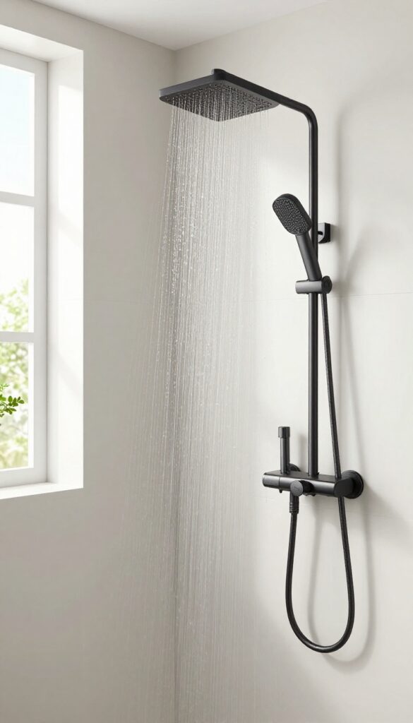 Modern dual shower head system with overhead rain shower and handheld wand in a bright bathroom