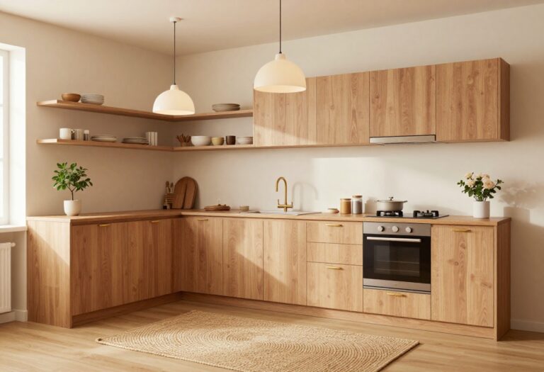 Cozy elegant Toca Boca kitchen with warm wood accents, pendant lights, open shelving, and a woven rug.