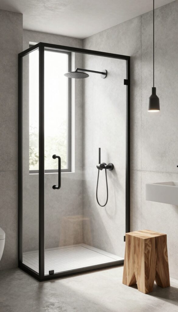 A modern industrial bathroom with a matte black-framed glass shower door, concrete walls, wooden shelves, and soft lighting.