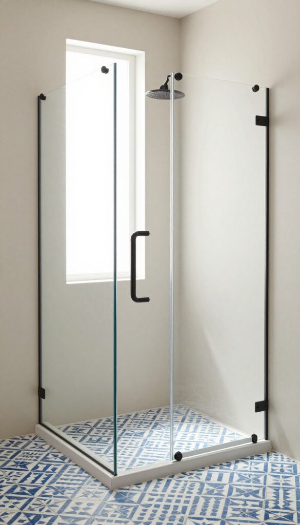 A walk-in shower floor with bold patterned cement tiles in geometric design, featuring vibrant colors against neutral walls and modern fixtures in bright natural light.